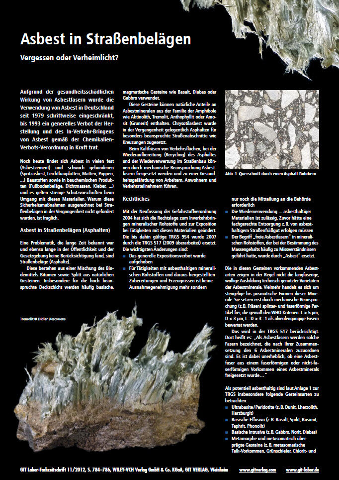 CRB GmbH | Articulo técnico amianto en asfalto, revestimientos viales | © CRB Analyse Service GmbH